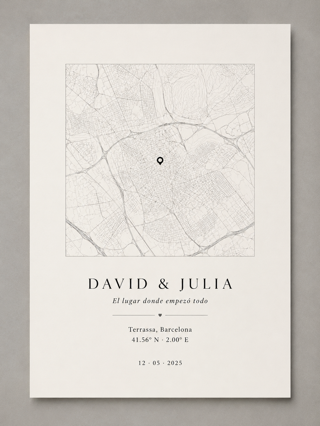 Lámina personalizada Coordenada Cero con mapa minimalista, nombres y fecha, 30x40 cm sin marco