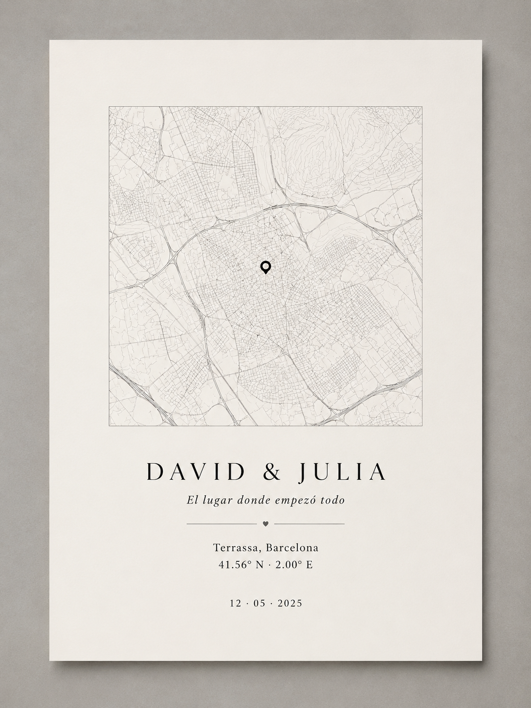 Lámina personalizada Coordenada Cero con mapa minimalista, nombres y fecha, 30x40 cm sin marco