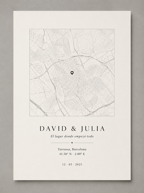 Lámina personalizada Coordenada Cero con mapa minimalista, nombres y fecha, 30x40 cm sin marco